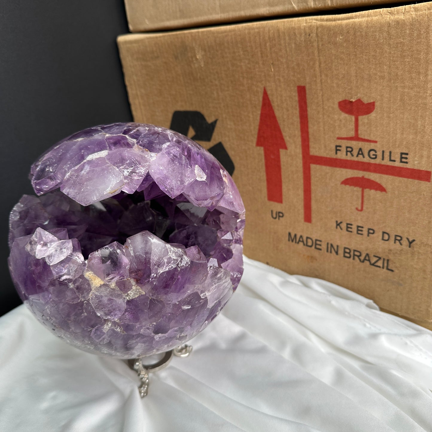 Giant Amethyst Smile Geode Sphere, Rare No Matrix Clear Big Points, Polished Purple Open Mouth Crystal + Free Stand 12.46lb Exact