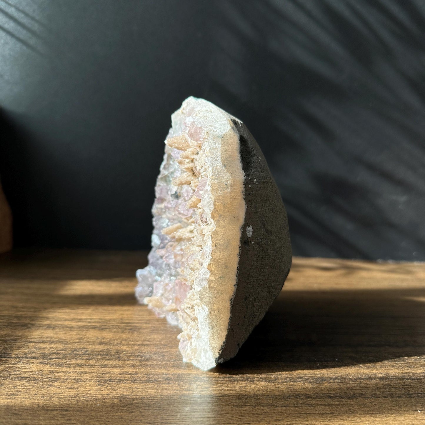 Rare Uruguayan Amethyst Phantom Quartz Calcite Symbiosis, Polished Standing Geode Freeform, Magical Crystal Decor Exact 1.76lb