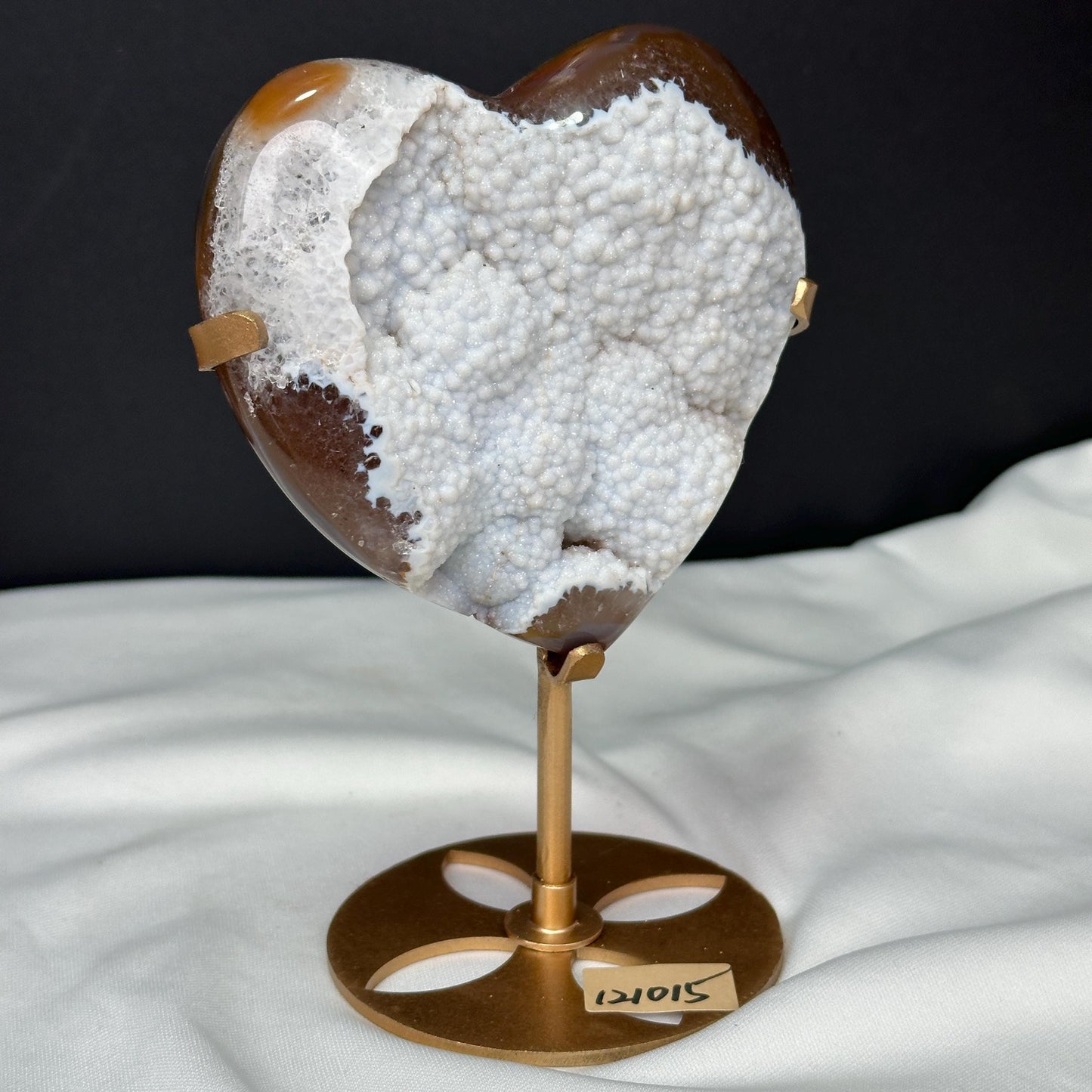 White Sugar Agate Heart on Custom Metal Stand, Sparkling Snow Druzy Crystal Decor, Polished Brazilian Geode Exact Specimen 0.99lb