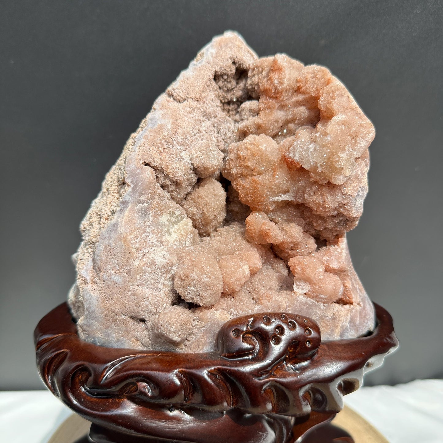 Large Pink Amethyst Geode on Custom Carved Wood Stand, Botryoidal Crystal Cluster Decor, Artisan Design by Hobo Exact Specimen 7.7lb - view 8