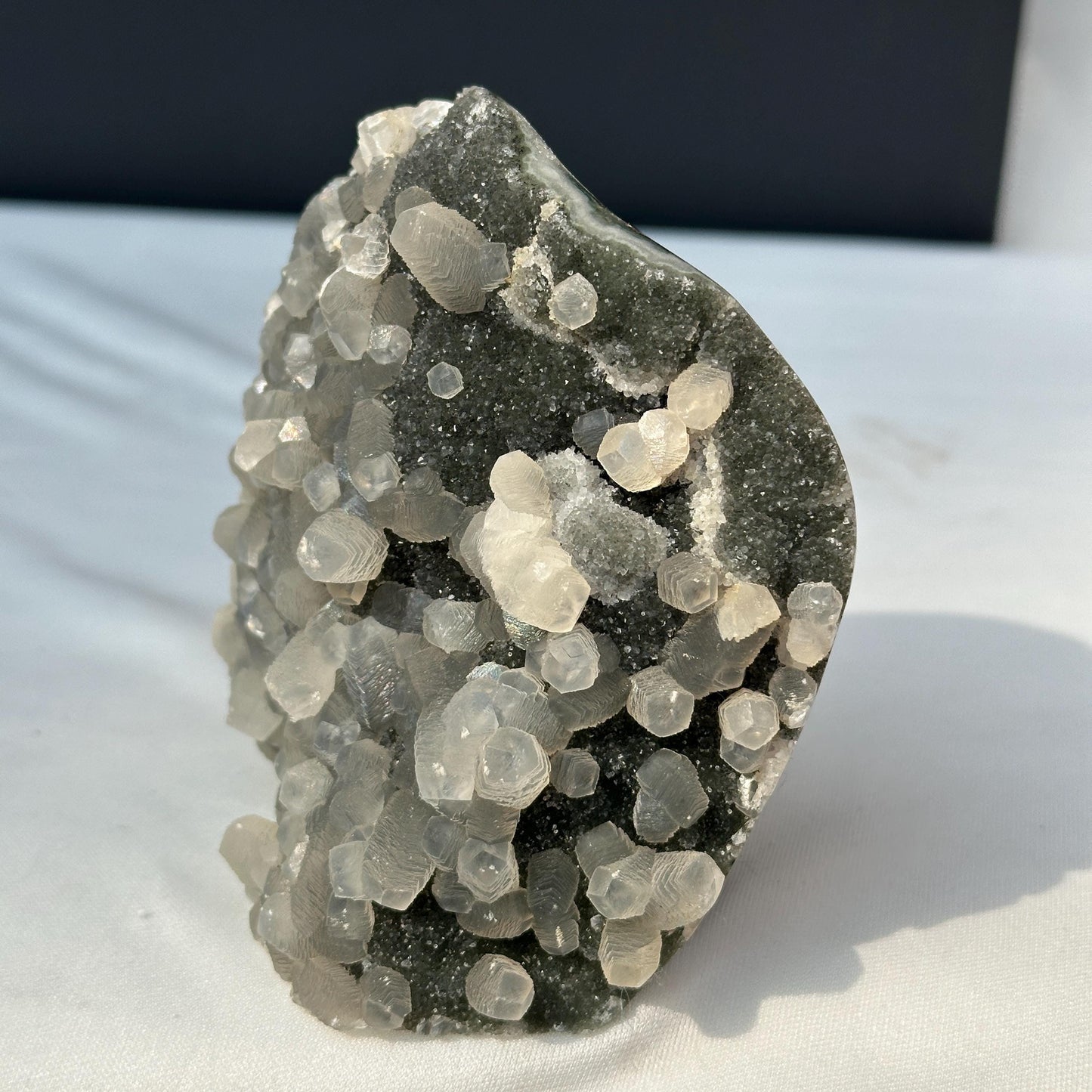 Rare Uruguayan Green Amethyst with Rainbow Calcite Symbiosis, Polished Crystal Cluster Specimen, Mineral Geode Decor Exact 1.65lb