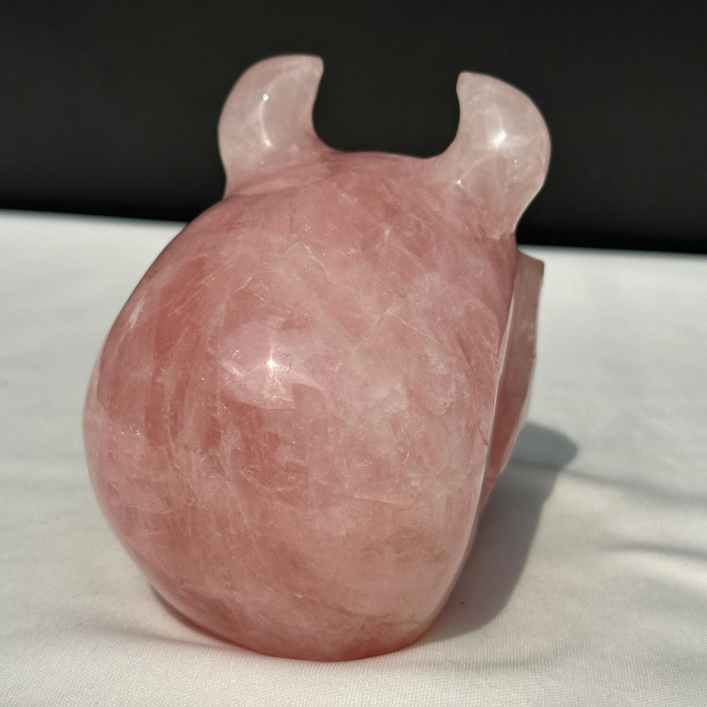 Large Rose Quartz Horned Skull, Hand Carved Pink Crystal Demon Skull, Heavy Polished Gemstone Gargoyle Decor Exact Specimen 2.7lb