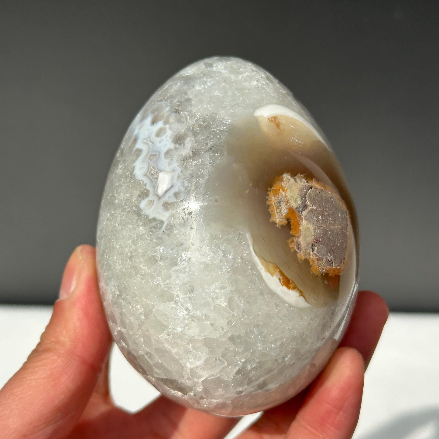 White Sugar Druzy Agate Dragon Egg, Polished Brazilian Crystal Geode Cave with Free Stand, Fairy Core Mineral Decor Exact 1.36lb