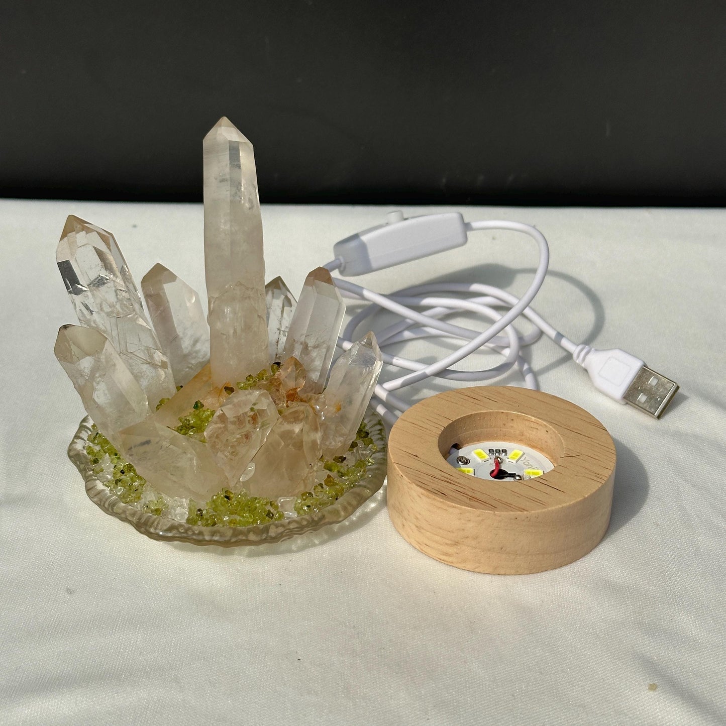 Clear Quartz Cluster Night Light with Prehnite Chips, Brazilian Crystal LED Lamp with USB Wooden Base, Healing Decor Exact 0.71lb - view 10
