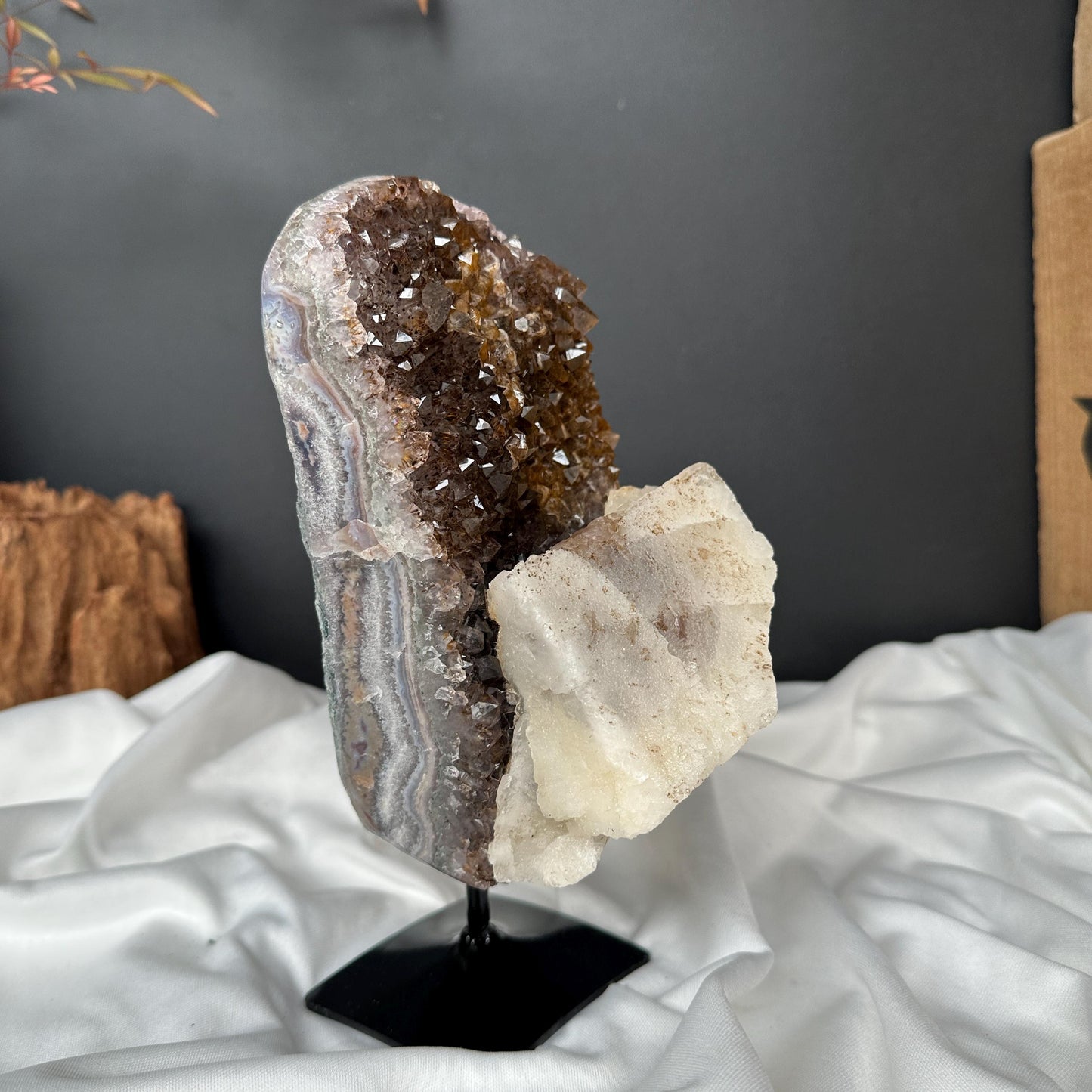 Giant Calcite & Rutilated Amethyst Symbiosis on Custom Stand, Rare Golden Druzy Crystal Decor, Exact Brazil Specimen 5.07lb - view 9