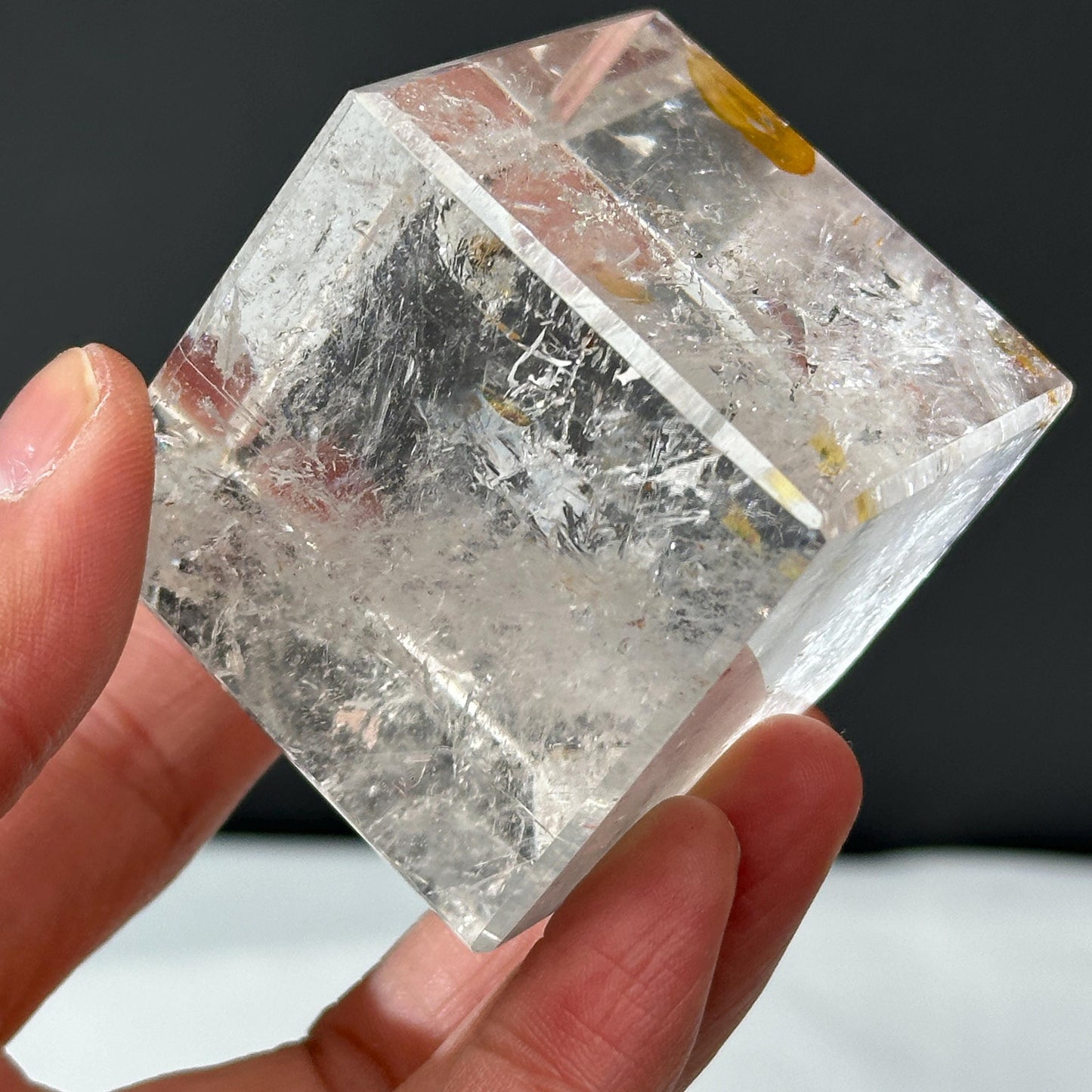 Clear Quartz Cube with Golden Healer Inclusions, Polished Brazilian Crystal Square Block, Yellow Hematite Symbiosis Decor Exact 0.60lb