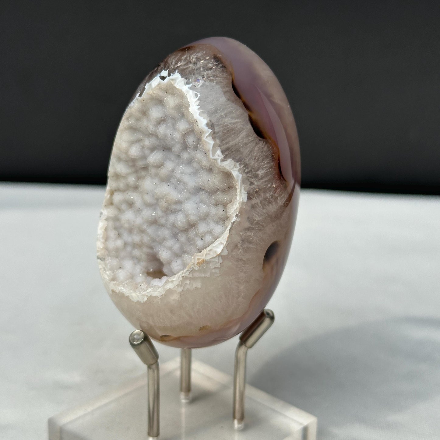 White Sugar Druzy Agate Dragon Egg with Stand, Polished Brazilian Crystal Geode, Sparkling Cave Aesthetic Decor Exact Specimen 0.47lb