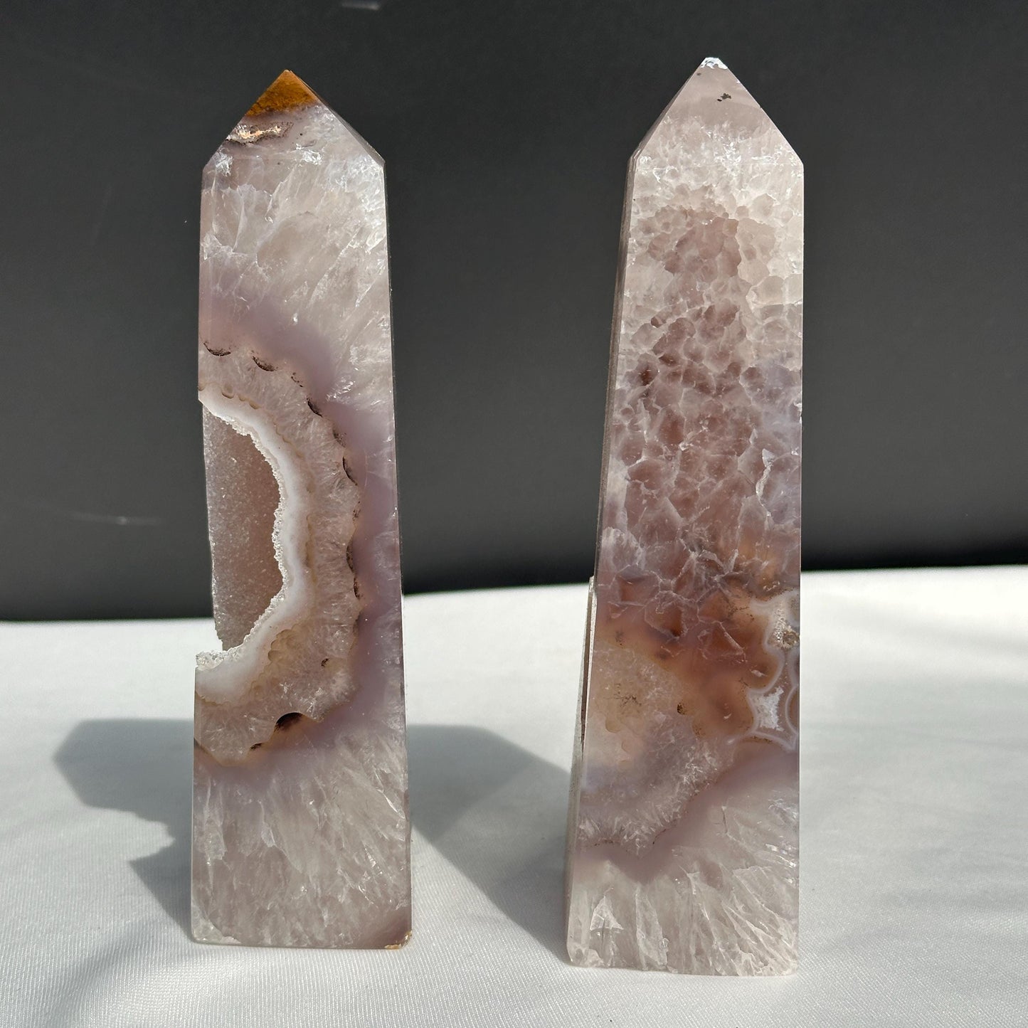Natural Agate Geode Tower Pair, Brazilian Crystal Obelisk Set with Druzy Cave, Polished Quartz Wand Decor Exact Specimen 2.2lb