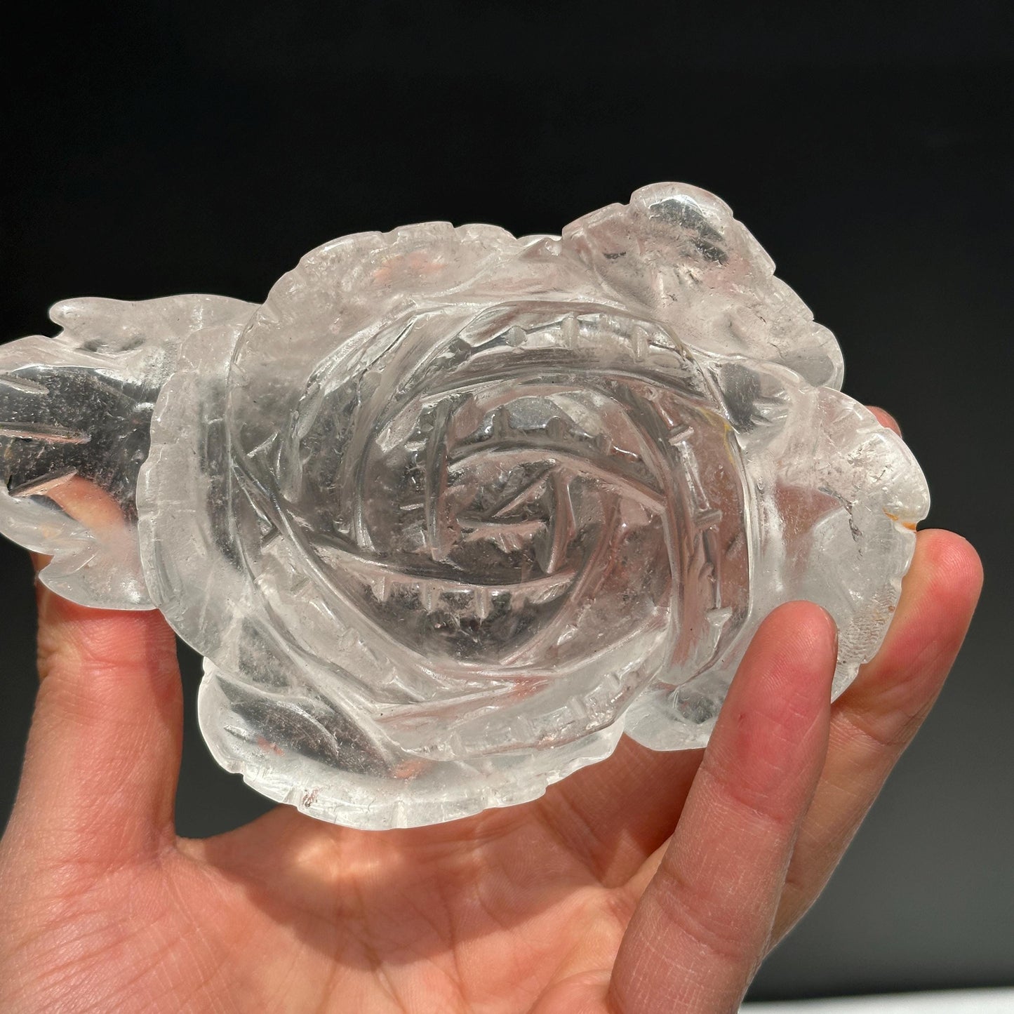 Hand-Carved Clear Quartz Lotus Flower Sculpture, Transparent Crystal Carving on Wave Base, Home Decor Masterpiece Exact Specimen 1.12lb - view 8
