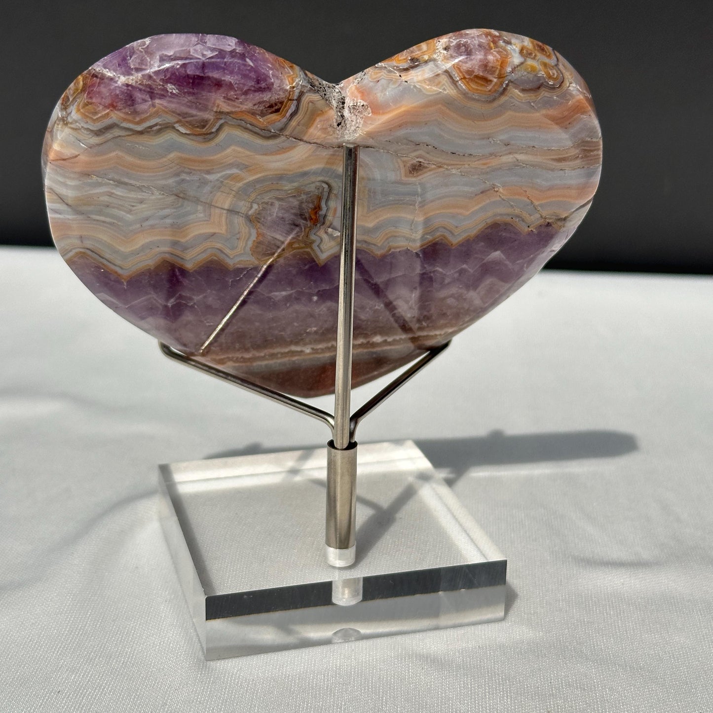 Hand-Carved Banded Amethyst Agate Heart, Personally Sourced Brazilian Crystal with Free Stand, Translucent Decor Exact Specimen 0.57lb