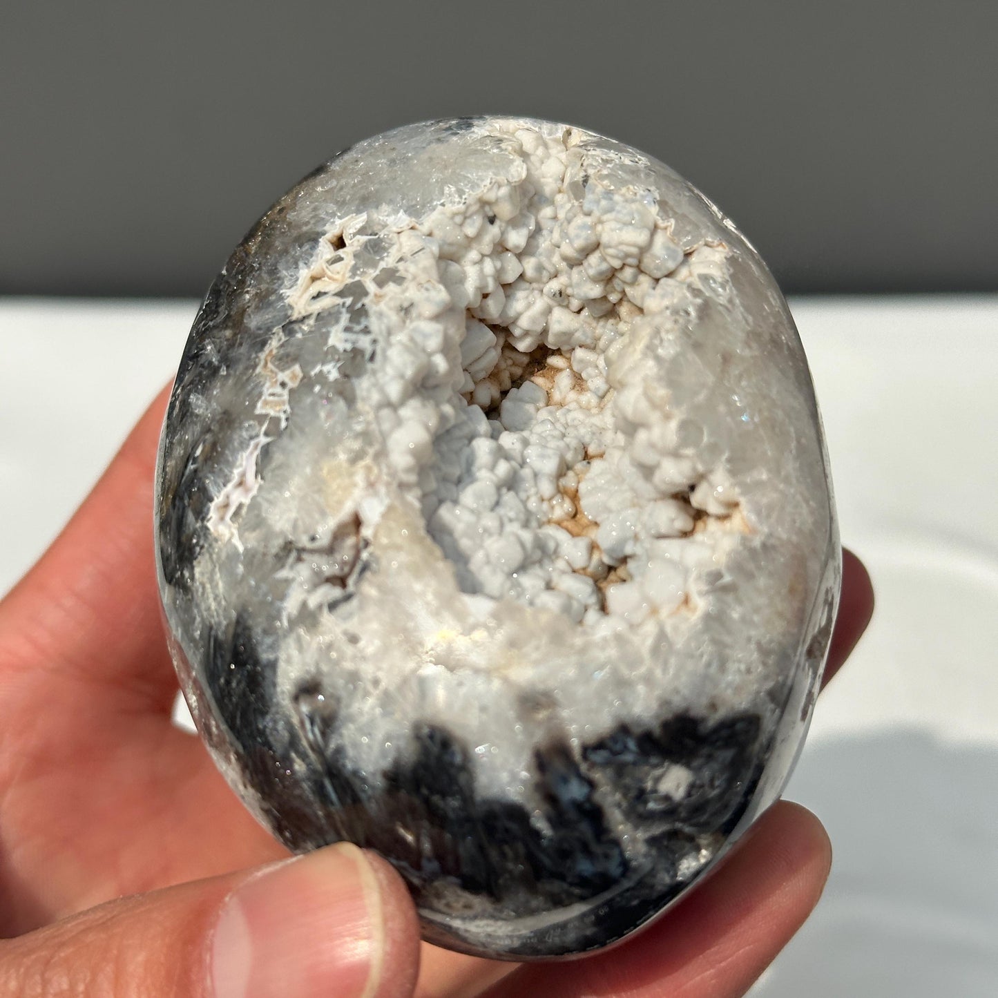 Hand-Carved White Sugar Druzy Agate Mushroom, Polished Brazilian Crystal Geode Decor, Fairy Core Mineral Specimen Exact 0.94lb