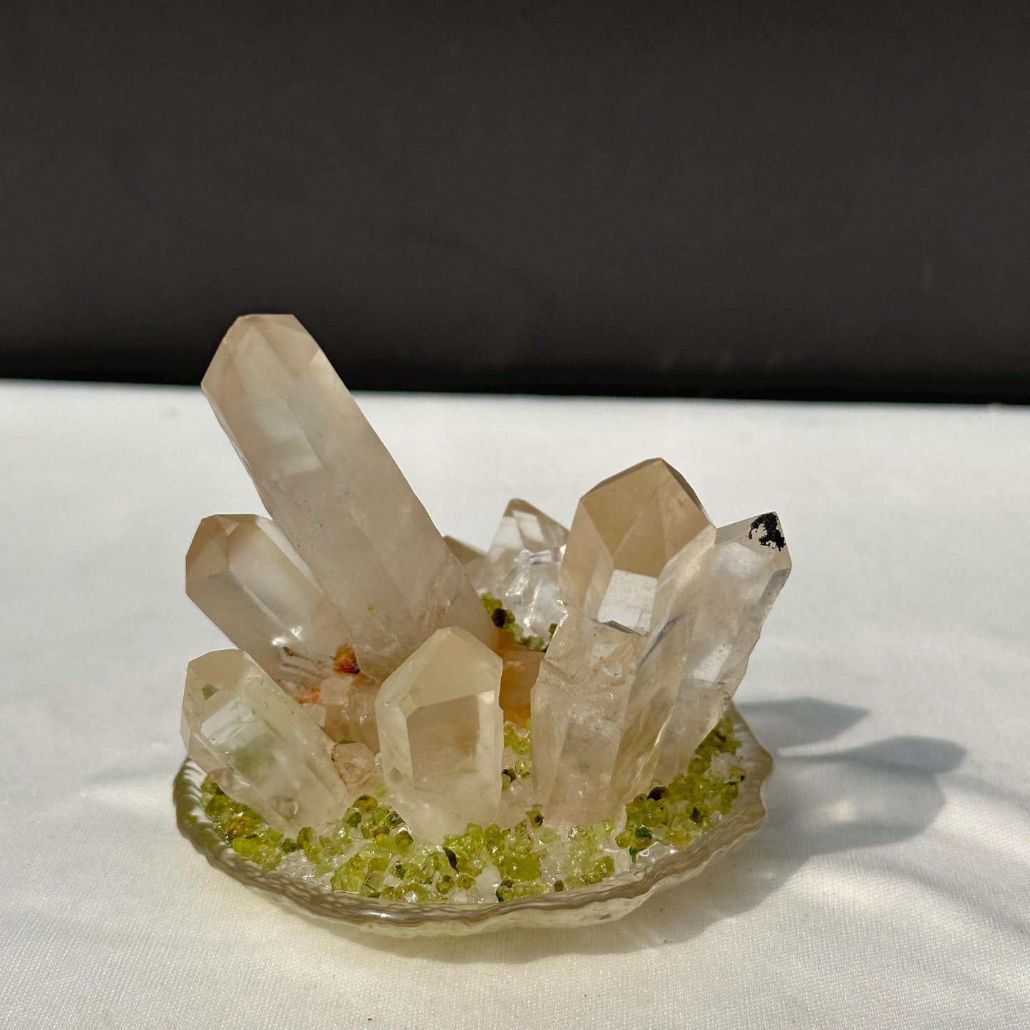 Clear Quartz Cluster Night Light with Prehnite Chips, Brazilian Crystal LED Lamp with USB Wooden Base, Healing Decor Exact 0.71lb