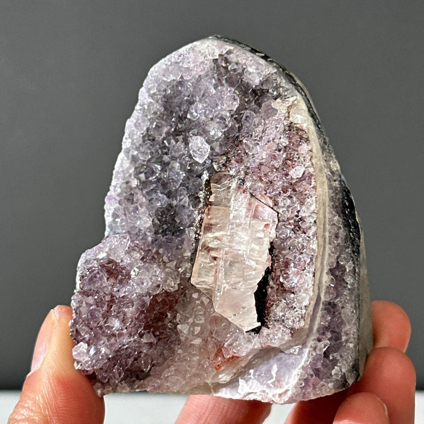 Rare Uruguayan Amethyst with Calcite Symbiosis, Red Hematite Amethyst Cluster, Polished Base Mineral Specimen, Healing Decor Exact 7.27oz