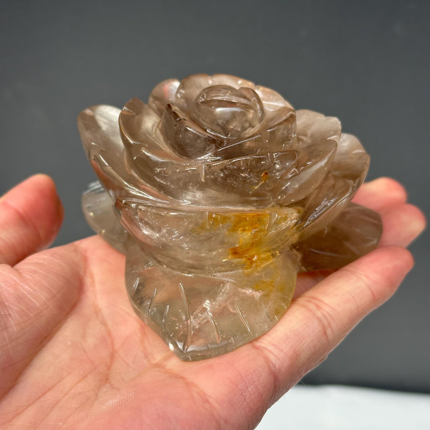 Hand-Carved Smoky Quartz Flower with Stand, Translucent Brazilian Tea Crystal Rose Sculpture, Grounding Decor Exact Specimen 0.82lb
