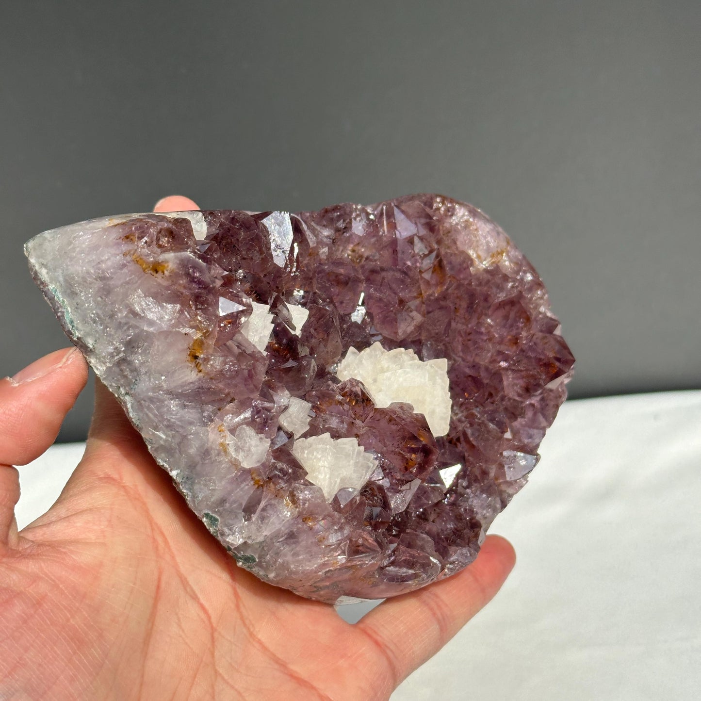 Rare Amethyst & Golden Rutile Cluster with Calcite Flower Symbiosis, Polished Crystal Specimen on Stand, Altar Decor Exact 1.85lb