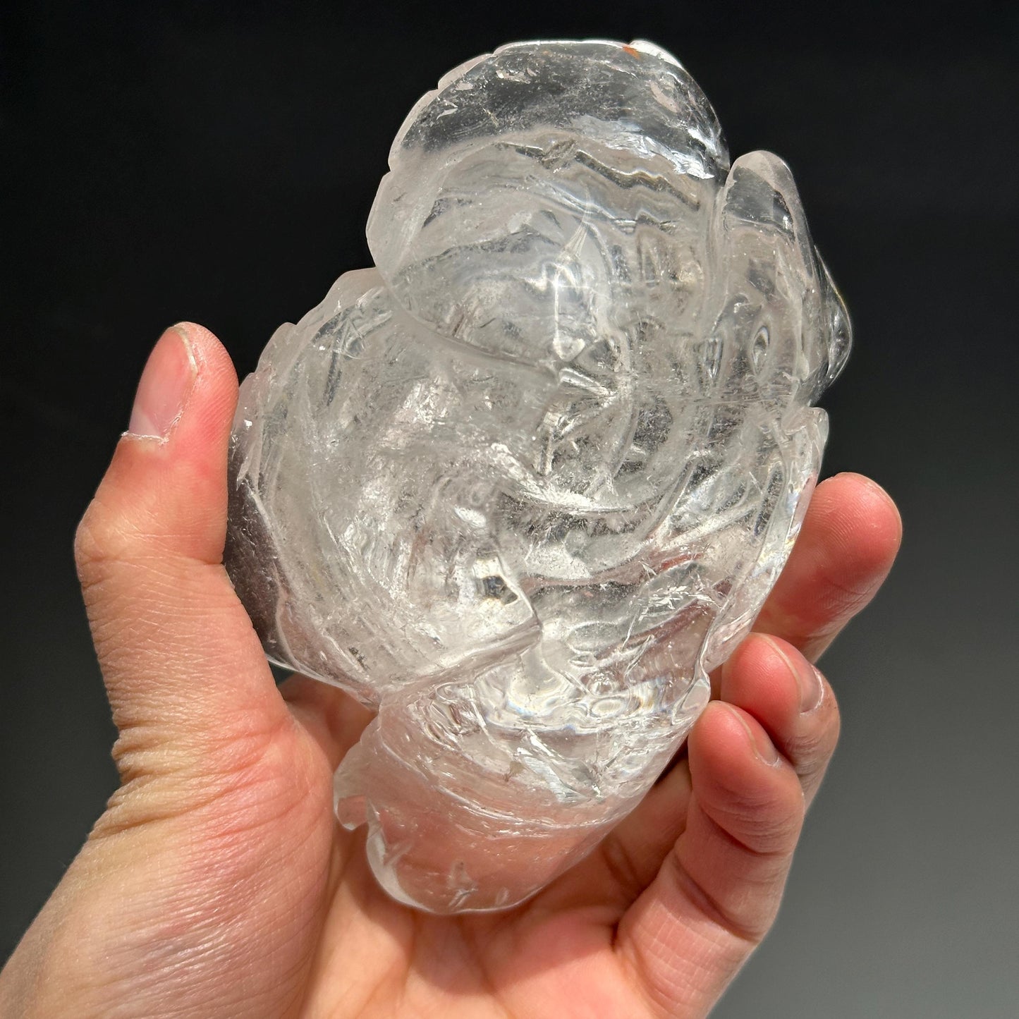 Hand-Carved Clear Quartz Lotus Flower Sculpture, Transparent Crystal Carving on Wave Base, Home Decor Masterpiece Exact Specimen 1.12lb