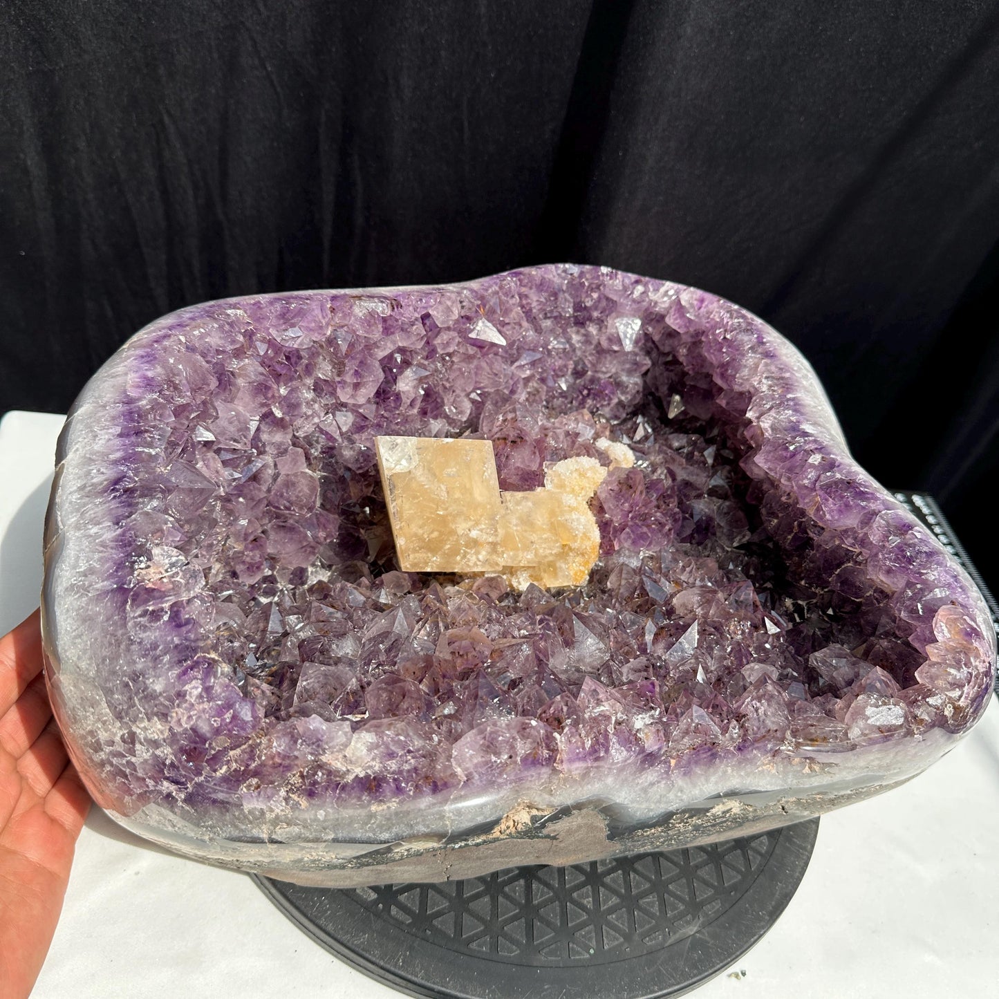 Massive 41.6lb Brazilian Amethyst Geode Basin, Rare Golden Calcite Symbiosis, Polished Crystal Cave Wealth Bowl Exact Specimen - view 10