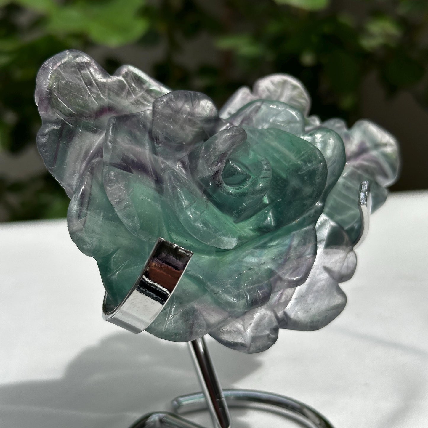 Premium Rainbow Fluorite Rose Carving on Metal Stand, Translucent Crystal Flower Sculpture, Healing Romantic Gift Approx 0.66lb - view 9