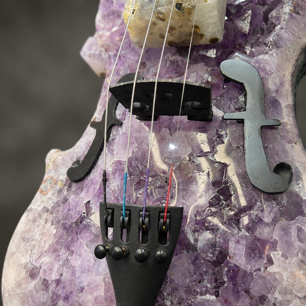 Amethyst Agate Crystal Violin Sculpture, Brazilian Designer Handmade Music Art Collectible, One of a Kind Statement Decor