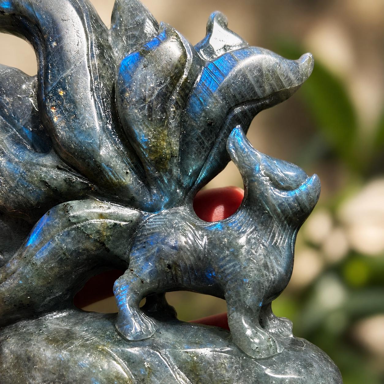 Hand Carved Labradorite Nine-Tailed Fox, Blue Purple Gold Flash Kitsune Crystal Carving, Fantasy Fox Decor Pick Exact A-C