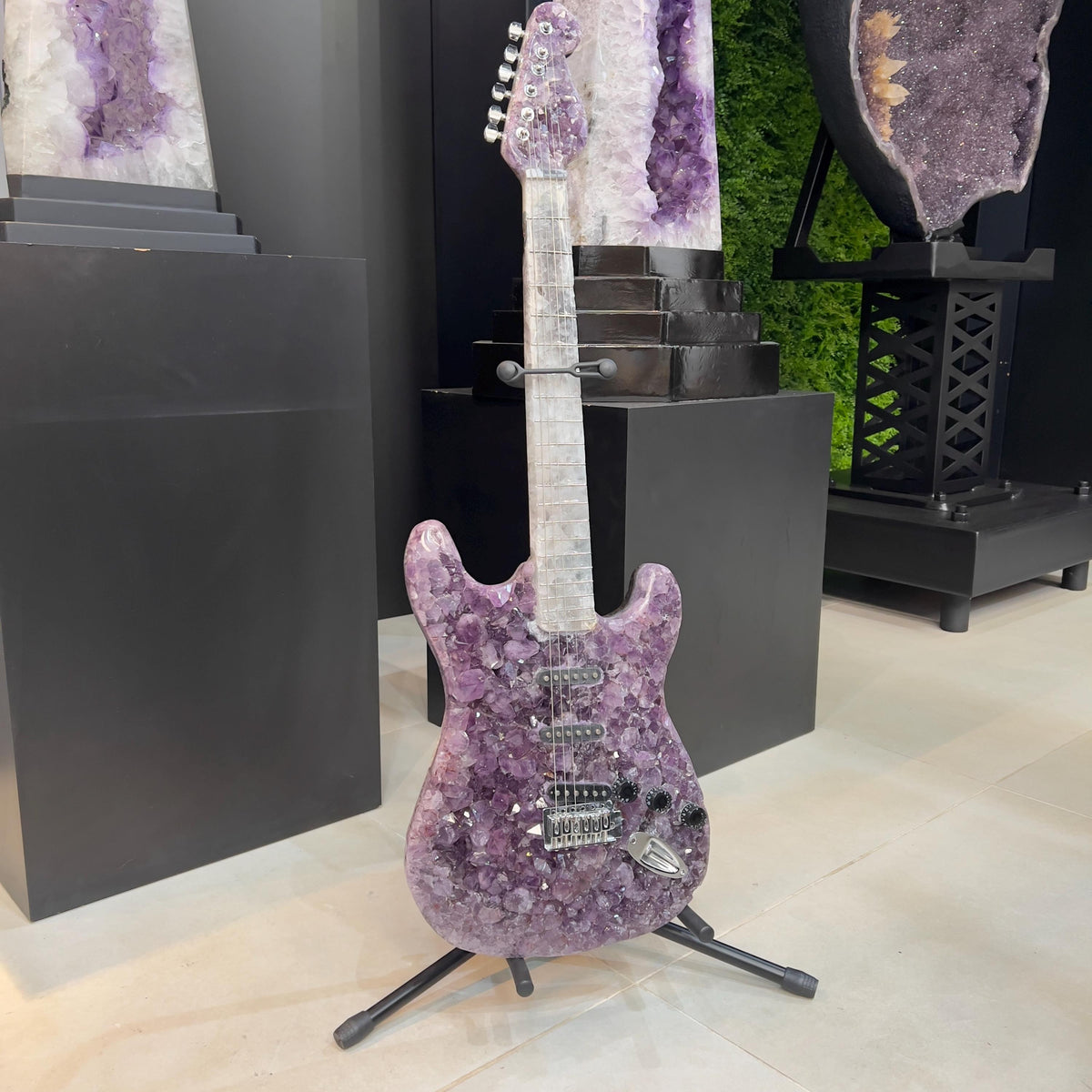 Amethyst Agate Crystal Guitar Sculpture, Brazilian Designer Handmade Music Art Collectible, One of a Kind Statement Decor - view 10