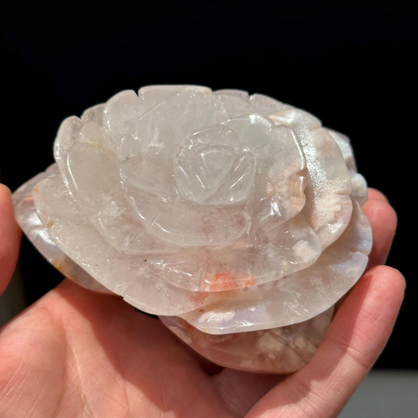 Sakura Agate Flower Carving, Natural Cherry Blossom Agate Rose Crystal Decor with Free Stand, Handmade Gift