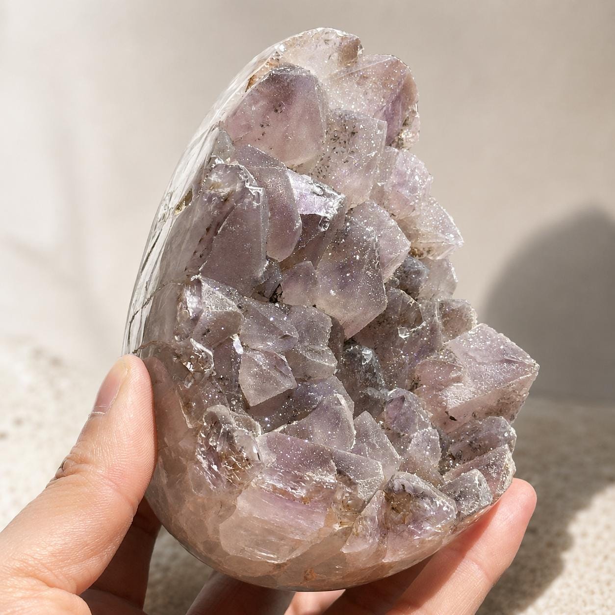 Natural Pink Sugar Druzy Uruguayan Amethyst Dragon Egg, Polished Crystal Geode Cave with Free Stand, Altar Decor Exact Specimen 2.1lb