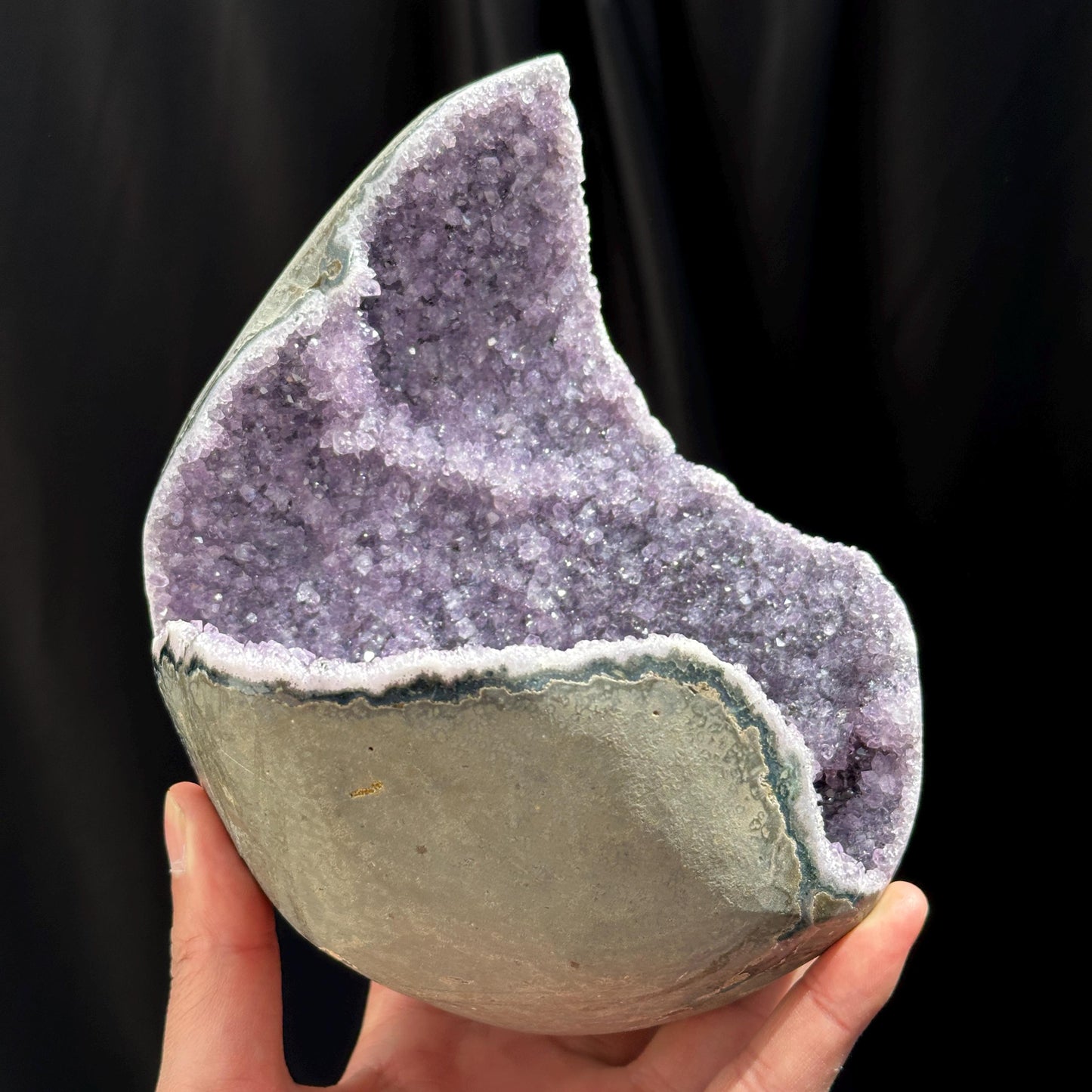 Unique Deep Cave Brazilian Amethyst Geode on Wood Stand, Rare Crescent Moon Crystal Nest, Purple Quartz Altar Decor Exact Specimen 3.4lb
