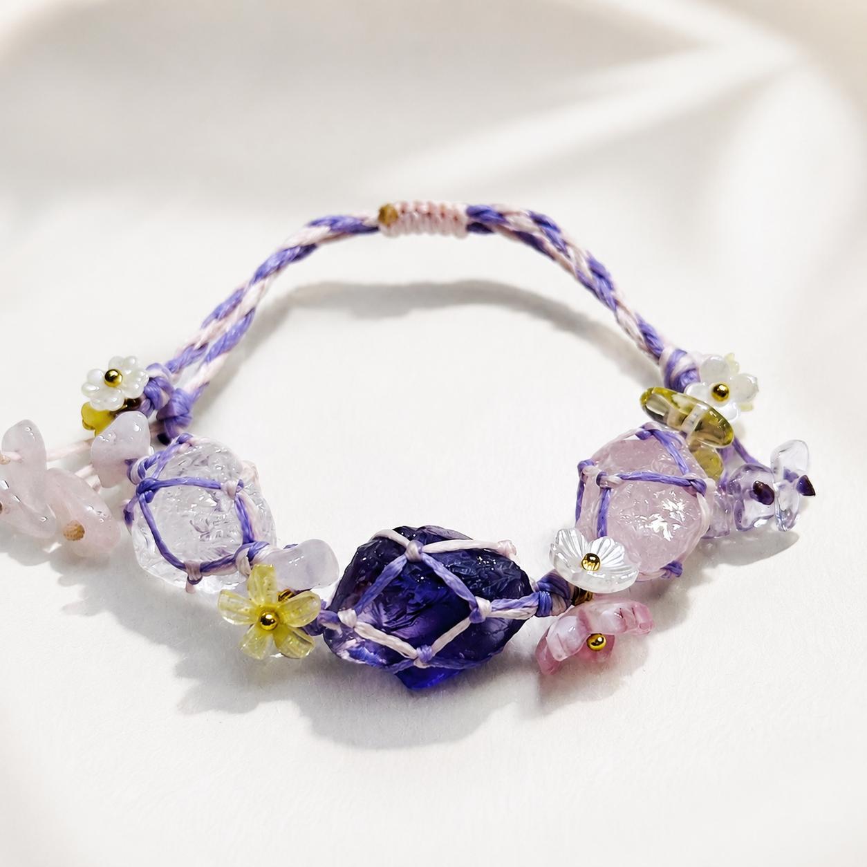 Raw Crystal Braided Bracelet, Handmade Adjustable Fluorite Citrine Rose Quartz Bracelet, Fairycore Crystal Jewelry Gift
