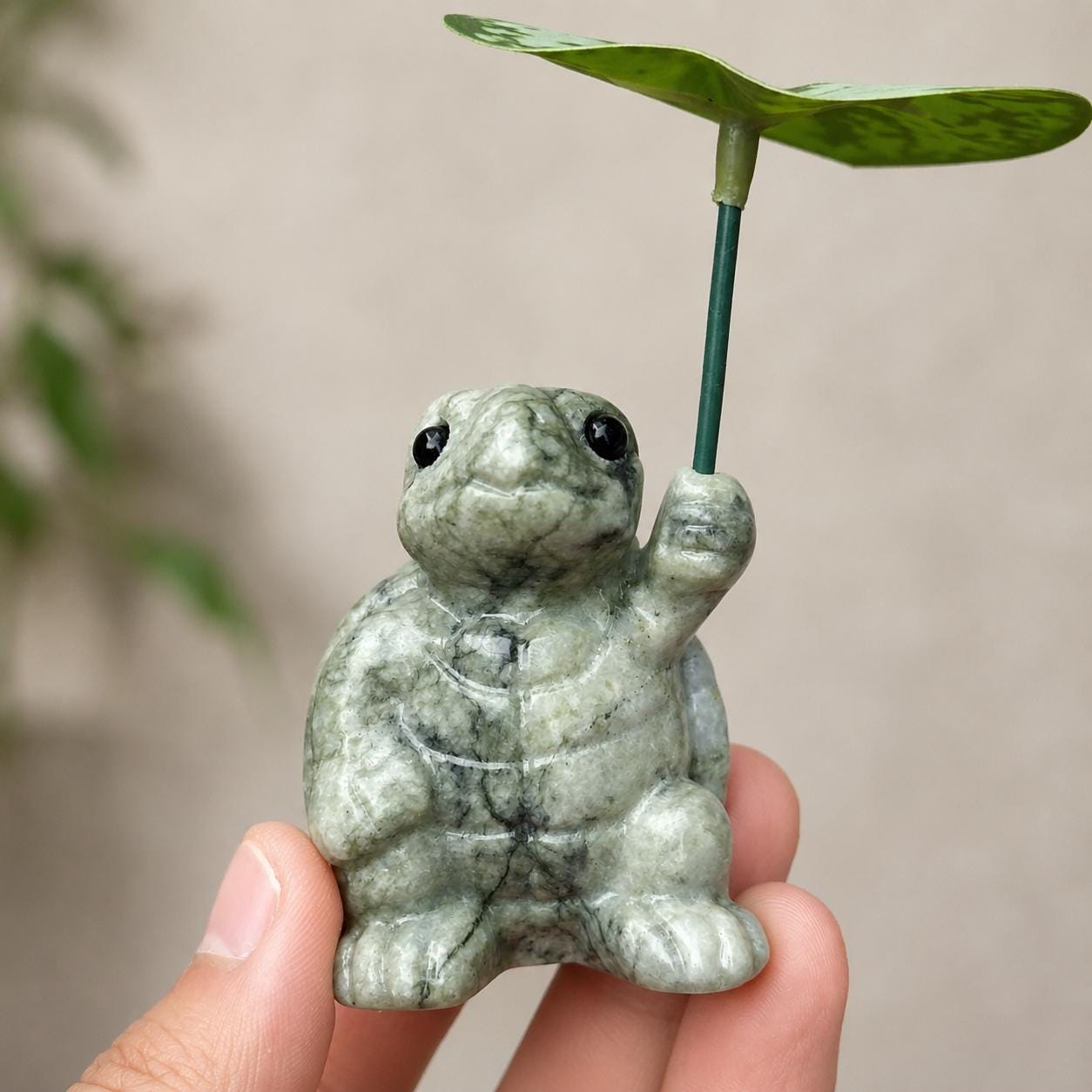 Cute Xiuyan Jade Turtle with Leaf Carving, Serpentine Jade Turtle Figurine, Small Crystal Animal Gift - view 7