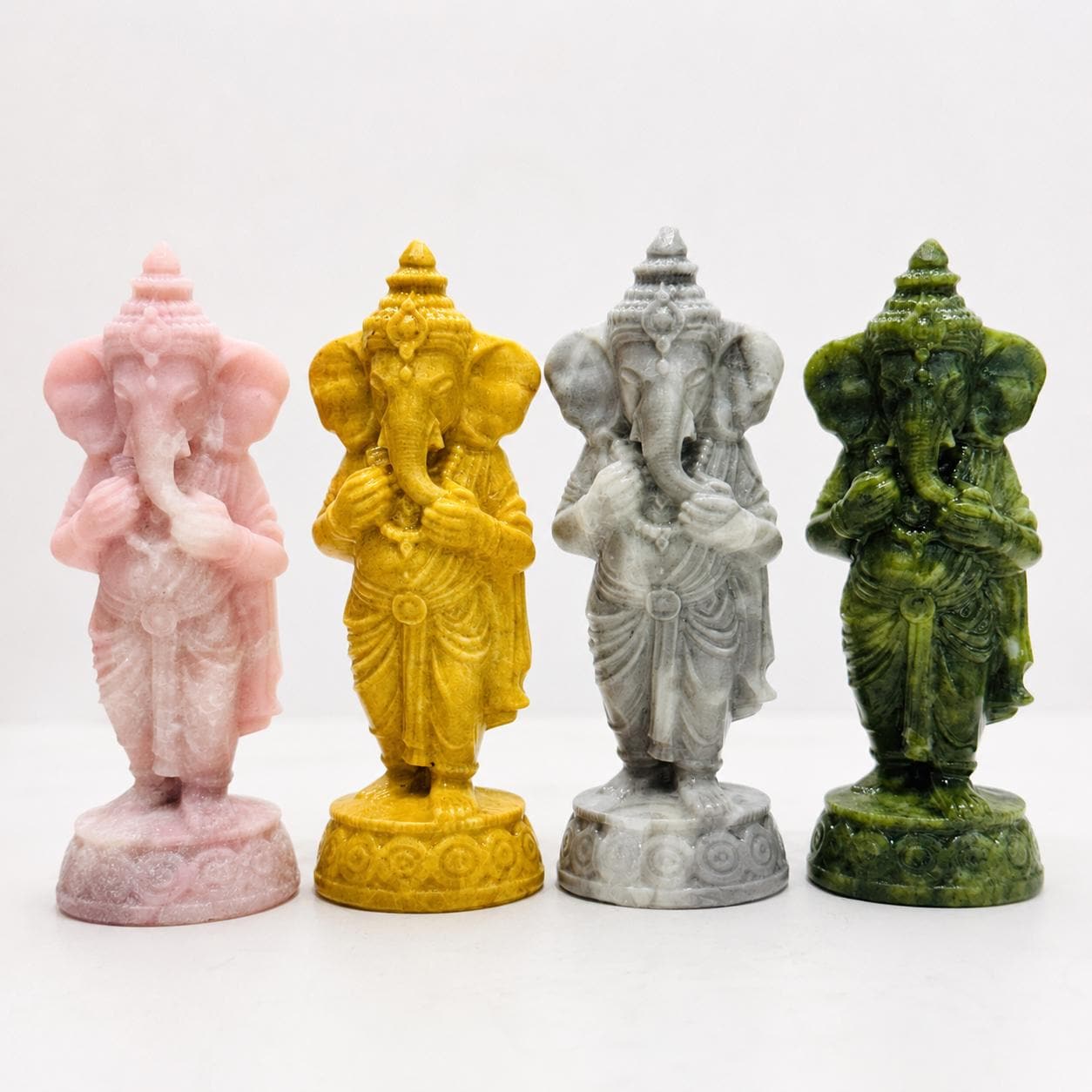 Crystal Ganesha Statue, Pink Opal Yellow Jade Fossil Coral Xiuyan Jade Elephant God Carving, Spiritual Altar Gift