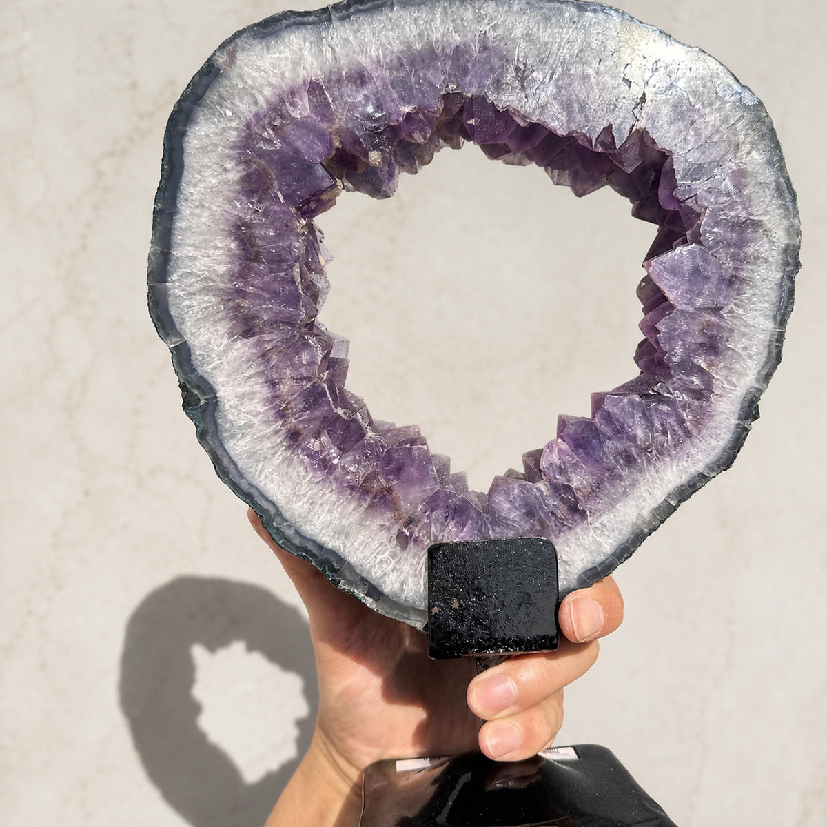 Brazilian Sugar Amethyst and Calcite Ring on Metal Stand, Crystal Geode Circle Display, 2.4kg Exact Specimen - view 9