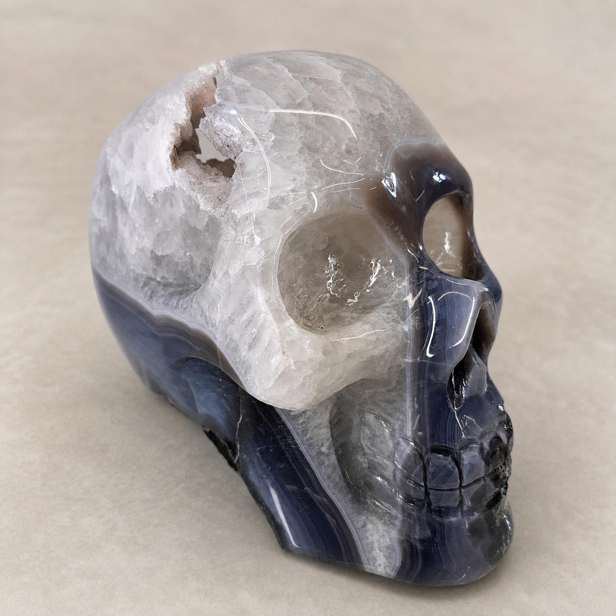 Brazilian Agate Skull with Pink and White Sugar Amethyst, Large Crystal Carving, Exact Piece - view 10