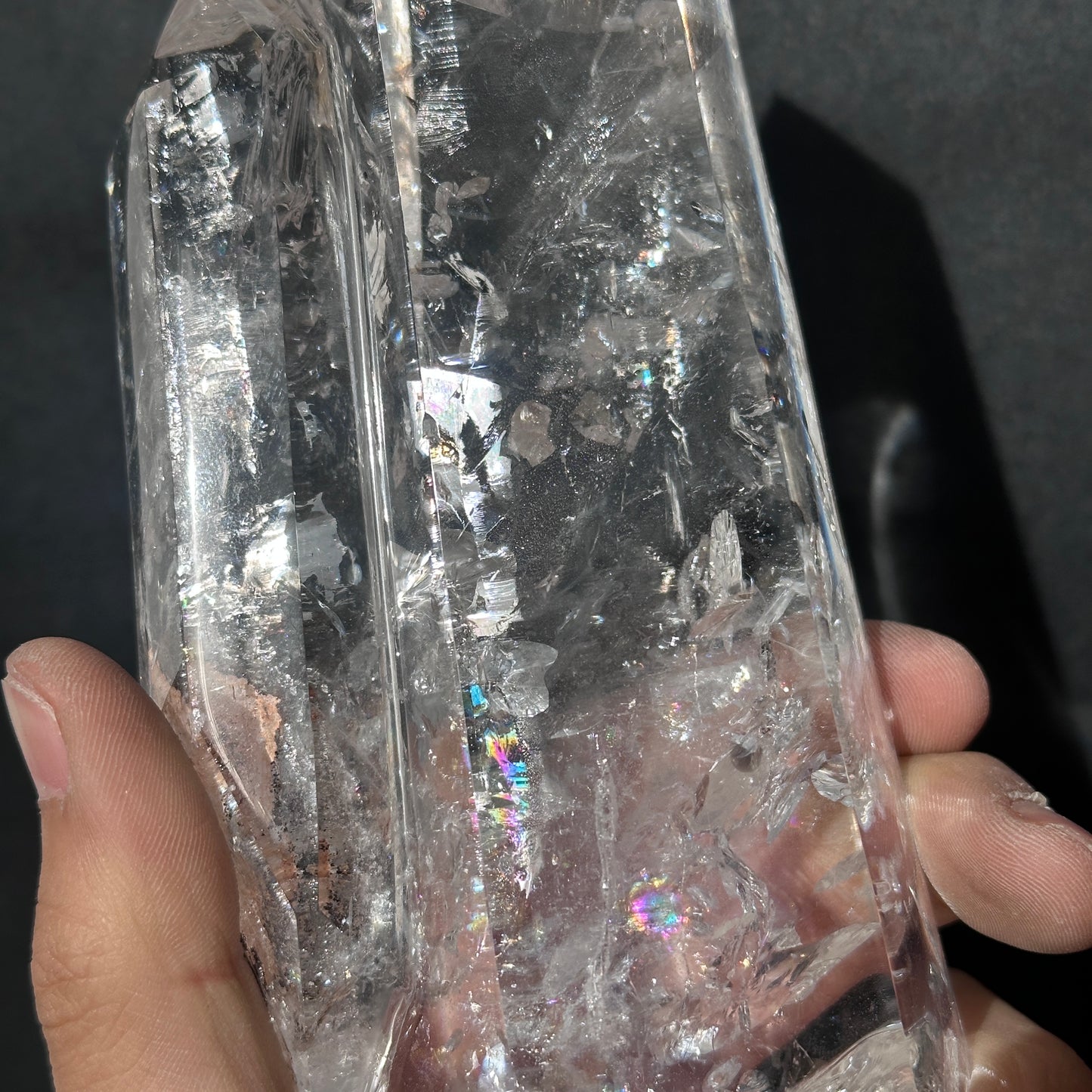 Collector Grade Brazilian Minas Clear Quartz Tower – Rainbow & God Fingerprint