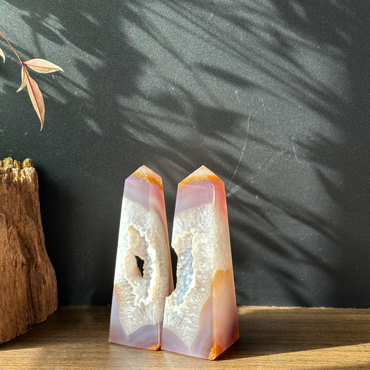 Brazilian Milky White Sugar Agate Crystal Towers – Triangle Shape (Set of 2)