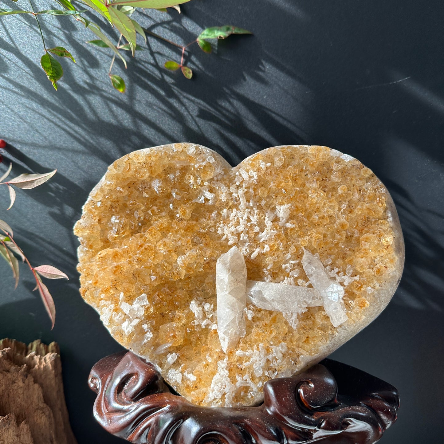 Large Brazilian Yellow Quartz & Calcite Coexisting Crystal Heart with Solid Wood Base
