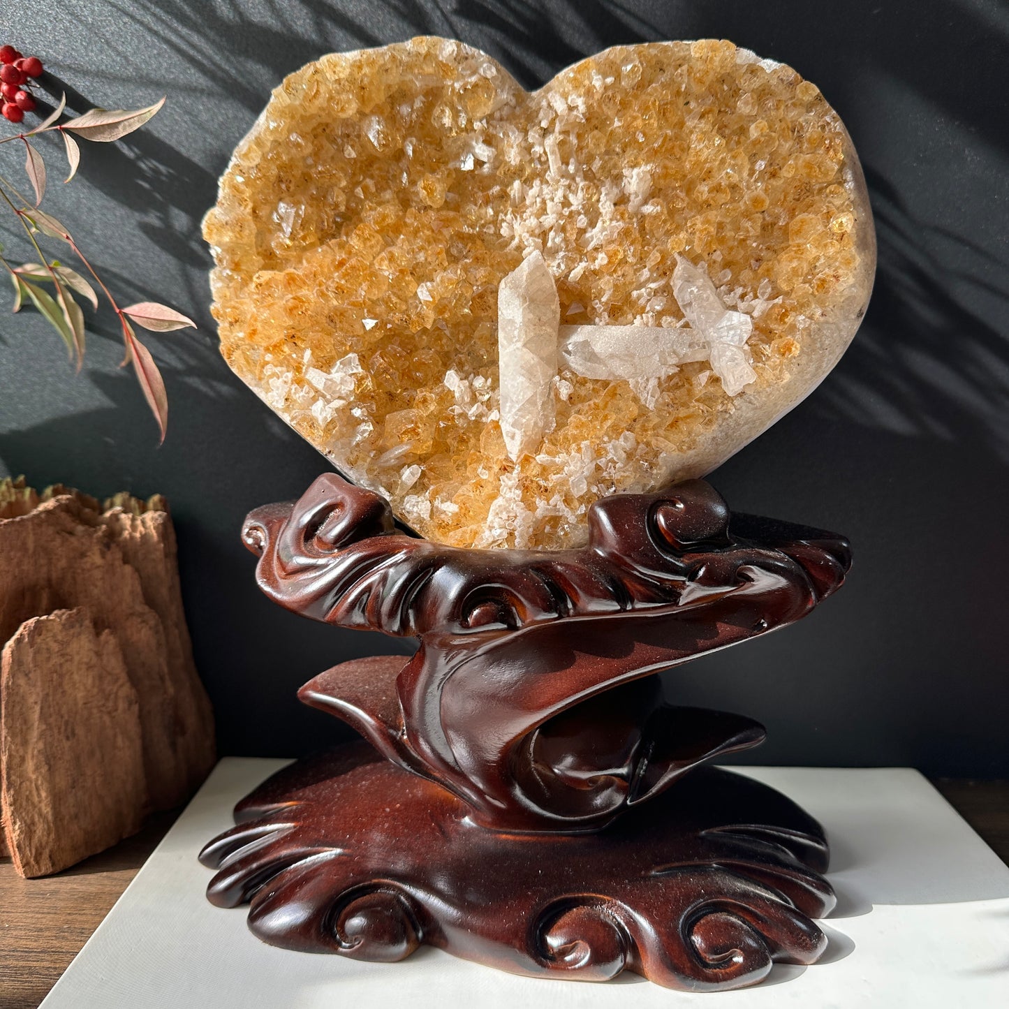 Large Brazilian Yellow Quartz & Calcite Coexisting Crystal Heart with Solid Wood Base