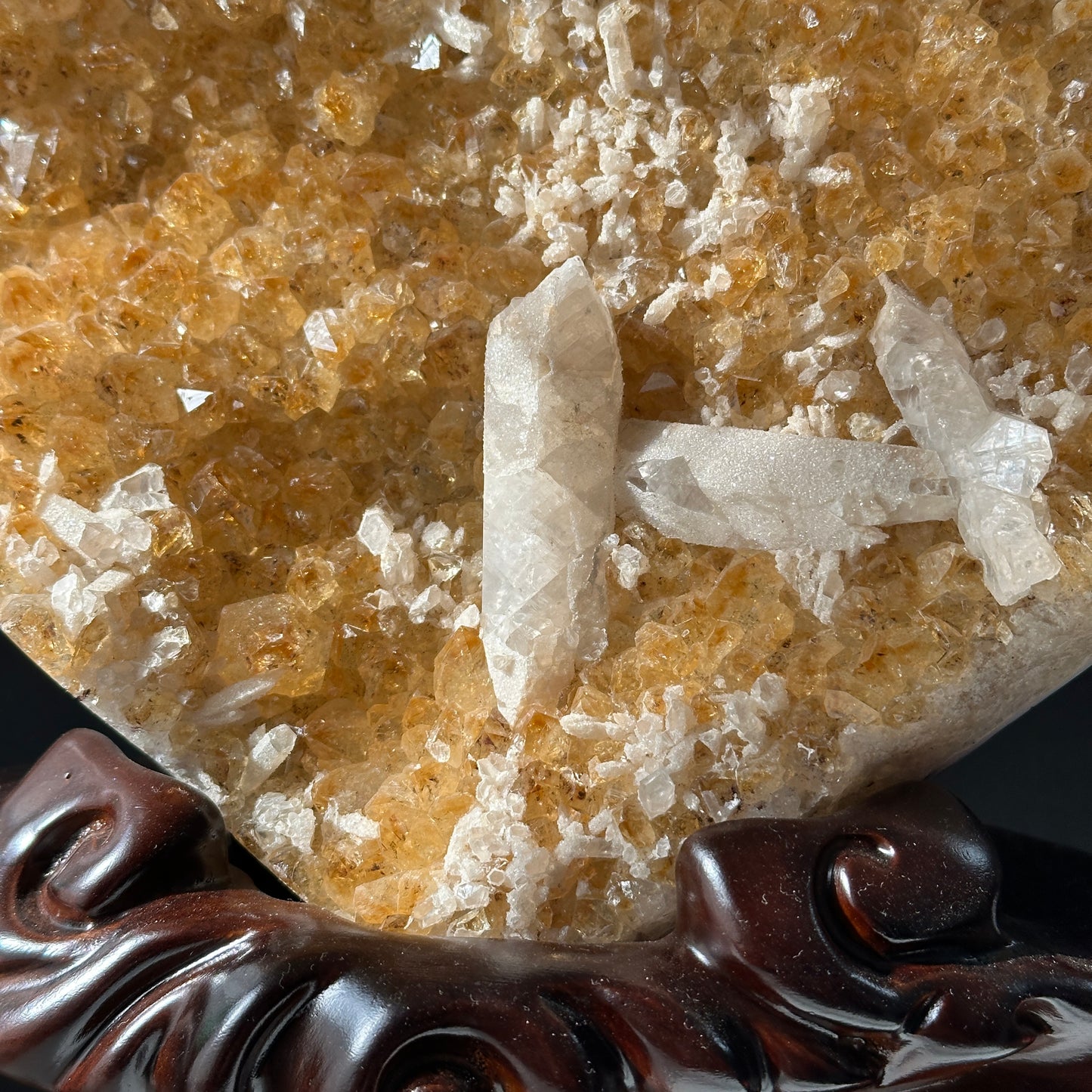 Large Brazilian Yellow Quartz & Calcite Coexisting Crystal Heart with Solid Wood Base