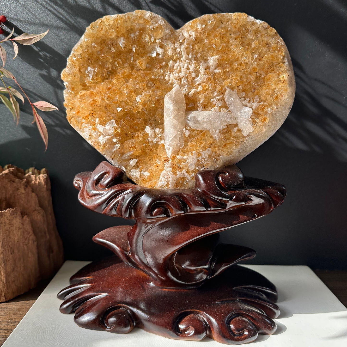Large Brazilian Yellow Quartz & Calcite Coexisting Crystal Heart with Solid Wood Base
