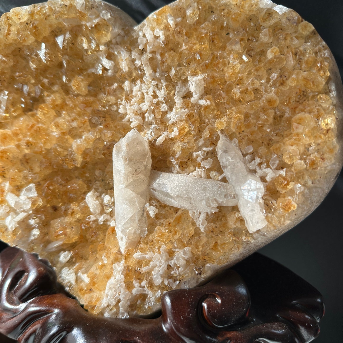 Large Brazilian Yellow Quartz & Calcite Coexisting Crystal Heart with Solid Wood Base