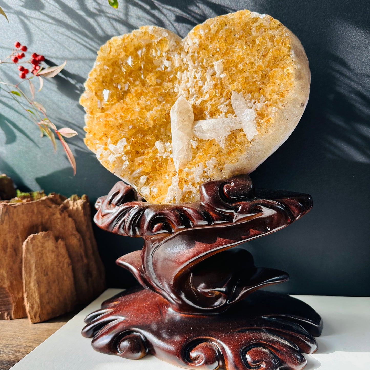 Large Brazilian Yellow Quartz & Calcite Coexisting Crystal Heart with Solid Wood Base