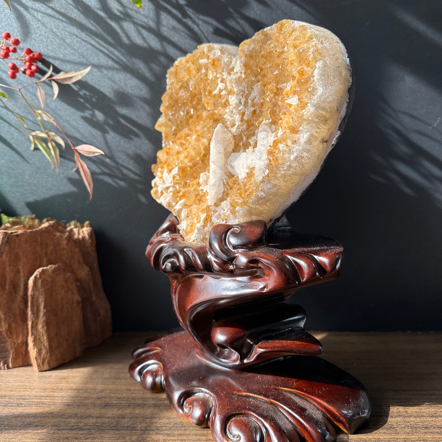 Large Brazilian Yellow Quartz & Calcite Coexisting Crystal Heart with Solid Wood Base