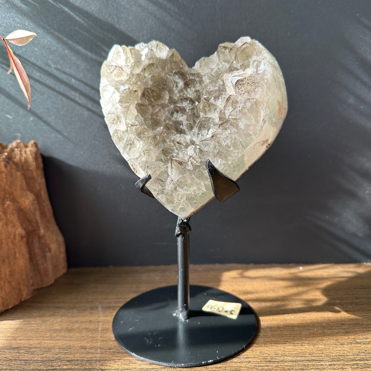 Brazilian Green Quartz & Black Tourmaline Coexisting Crystal Heart with Base