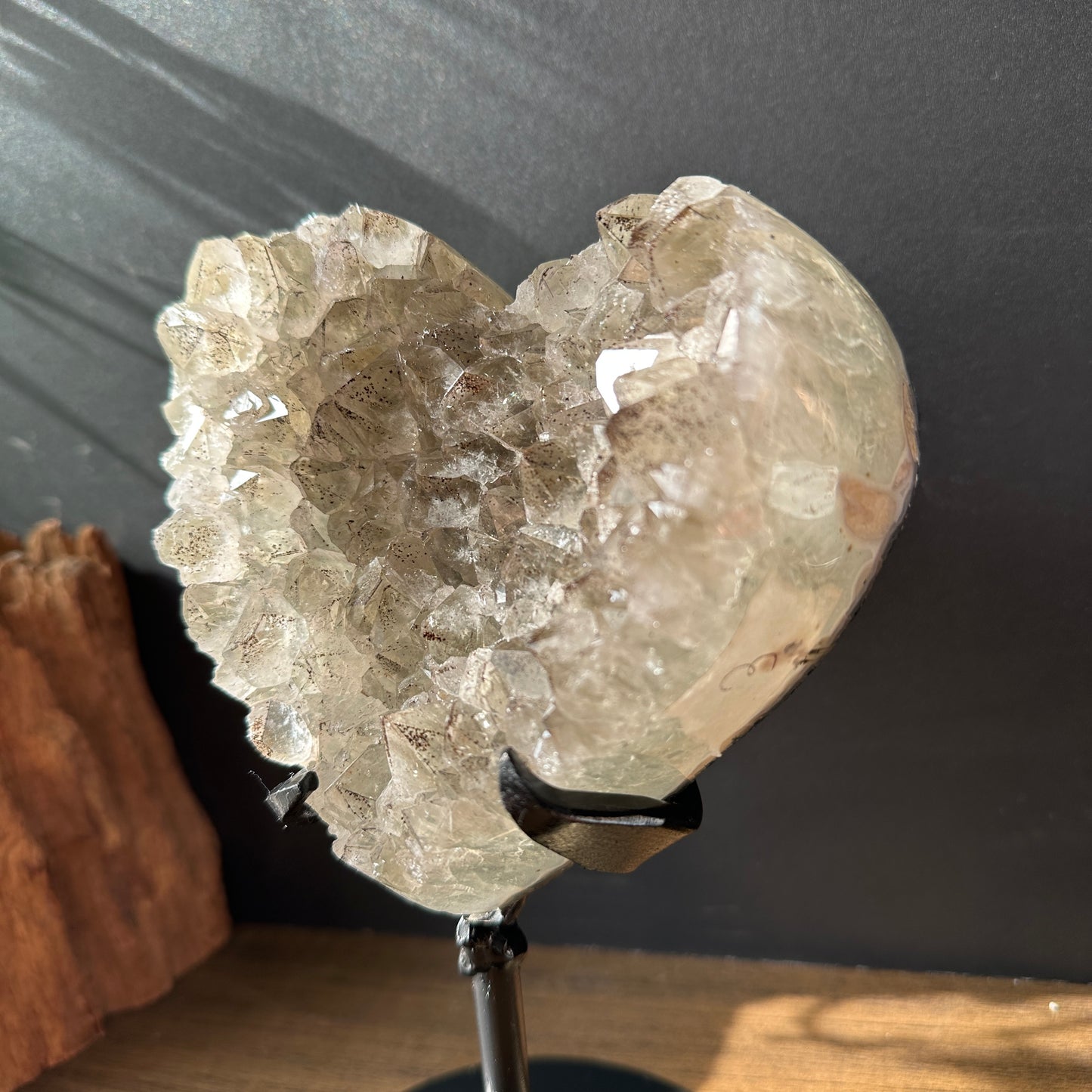 Brazilian Green Quartz & Black Tourmaline Coexisting Crystal Heart with Base