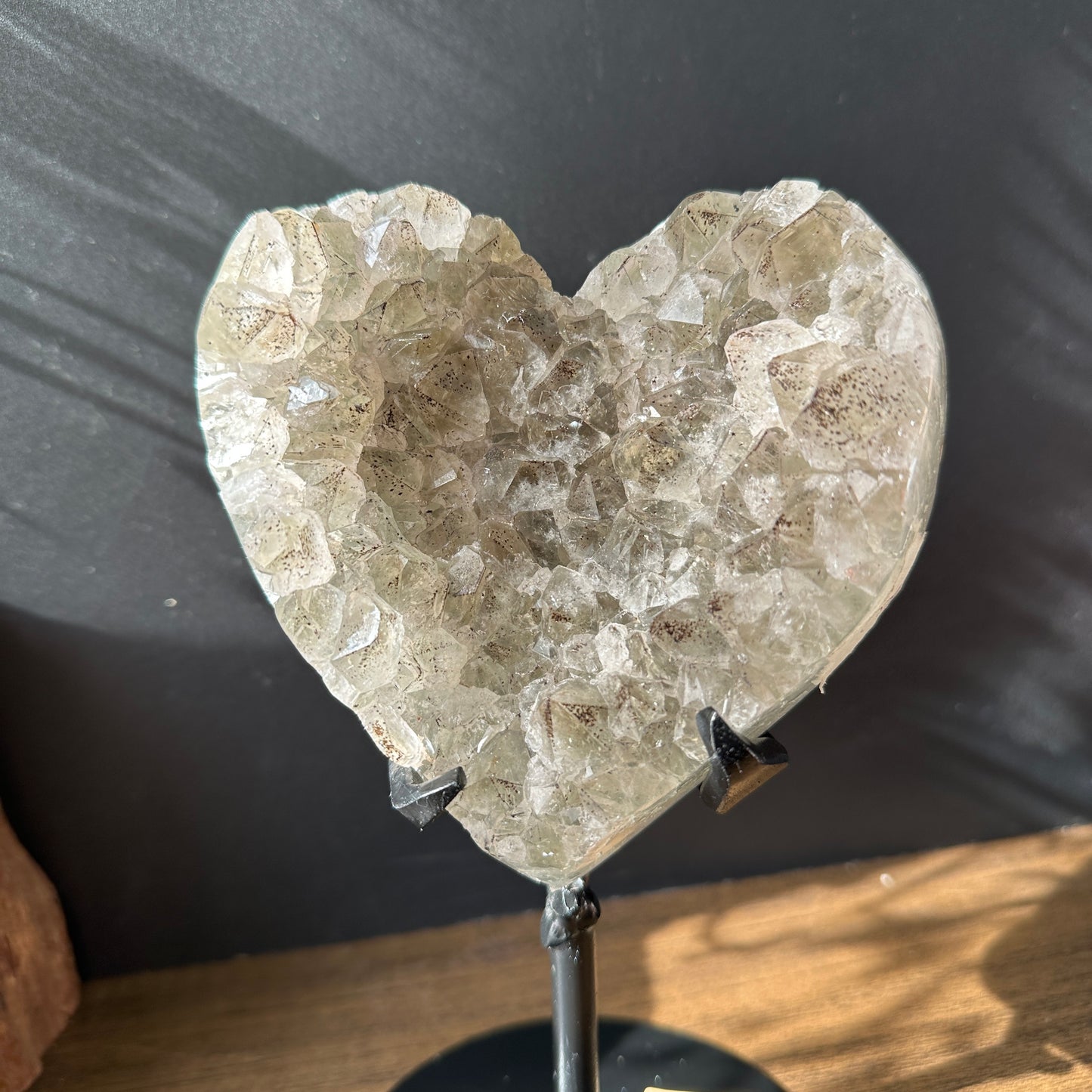 Brazilian Green Quartz & Black Tourmaline Coexisting Crystal Heart with Base