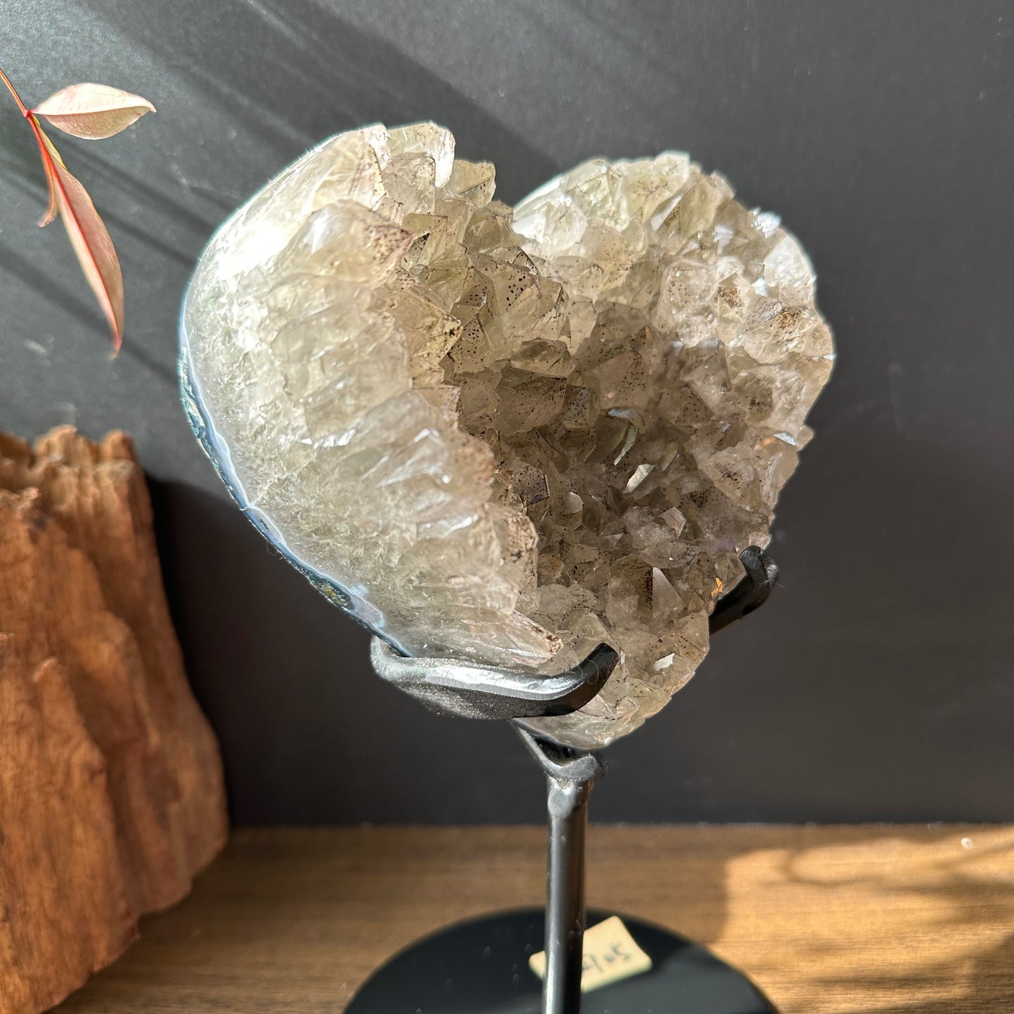 Brazilian Green Quartz & Black Tourmaline Coexisting Crystal Heart with Base