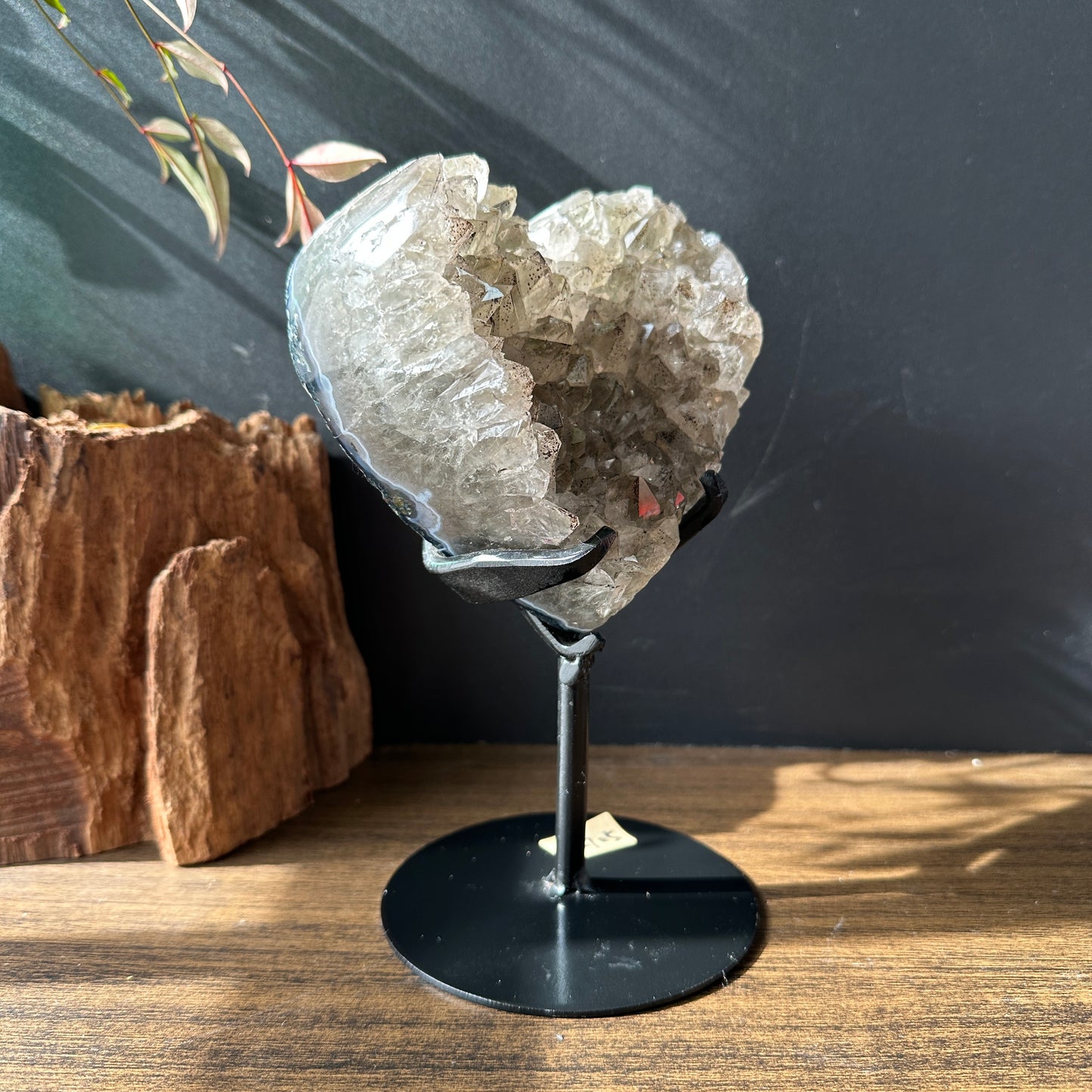 Brazilian Green Quartz & Black Tourmaline Coexisting Crystal Heart with Base