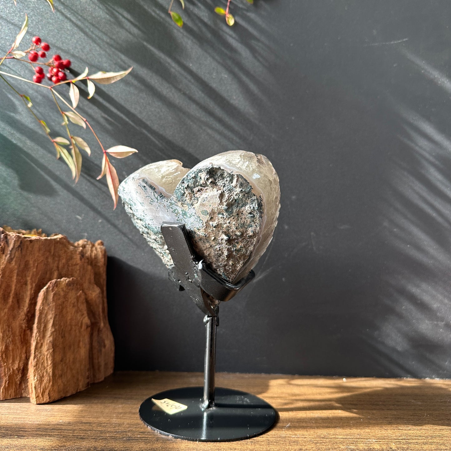 Brazilian Green Quartz & Black Tourmaline Coexisting Crystal Heart with Base