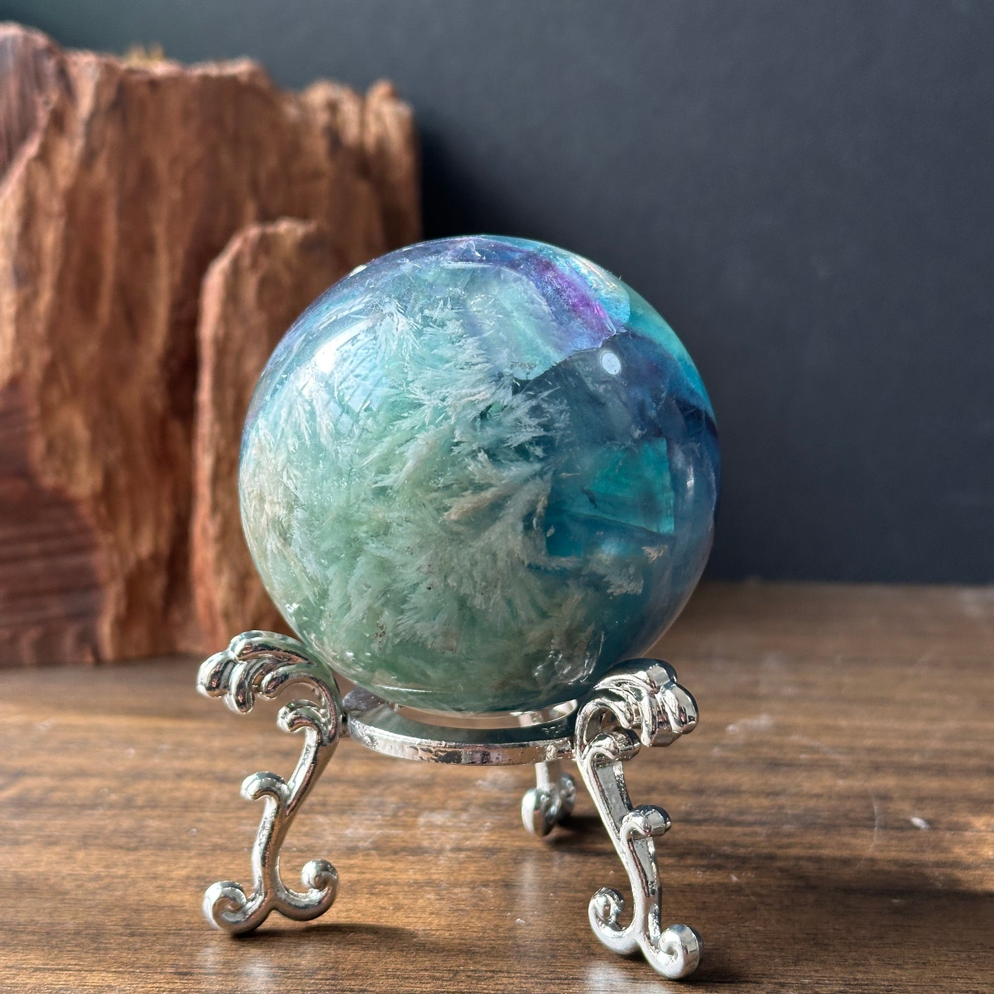 Natural Feather Fluorite Crystal Sphere | One of a Kind Decor Stone