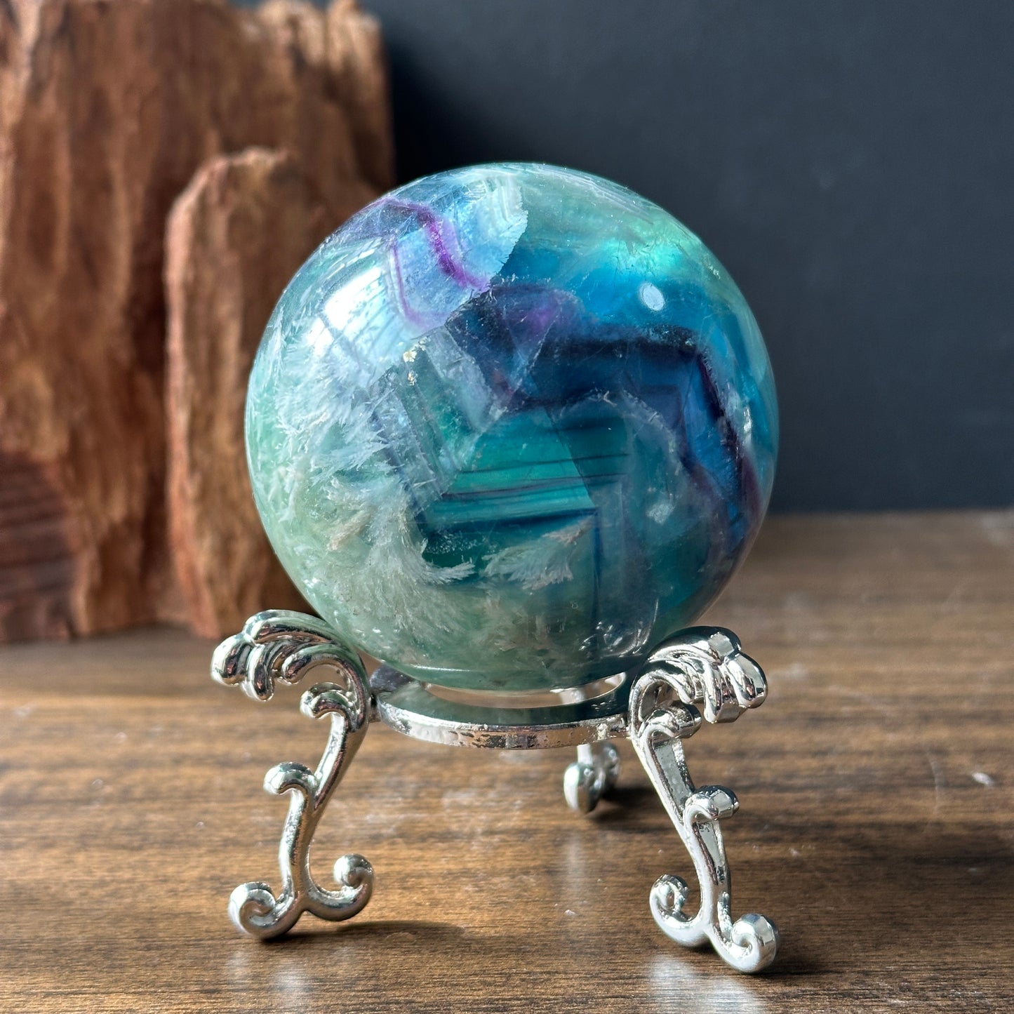 Natural Feather Fluorite Crystal Sphere | One of a Kind Decor Stone